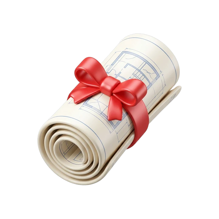 Plano enrollado con un lazo rojo, icono 3D