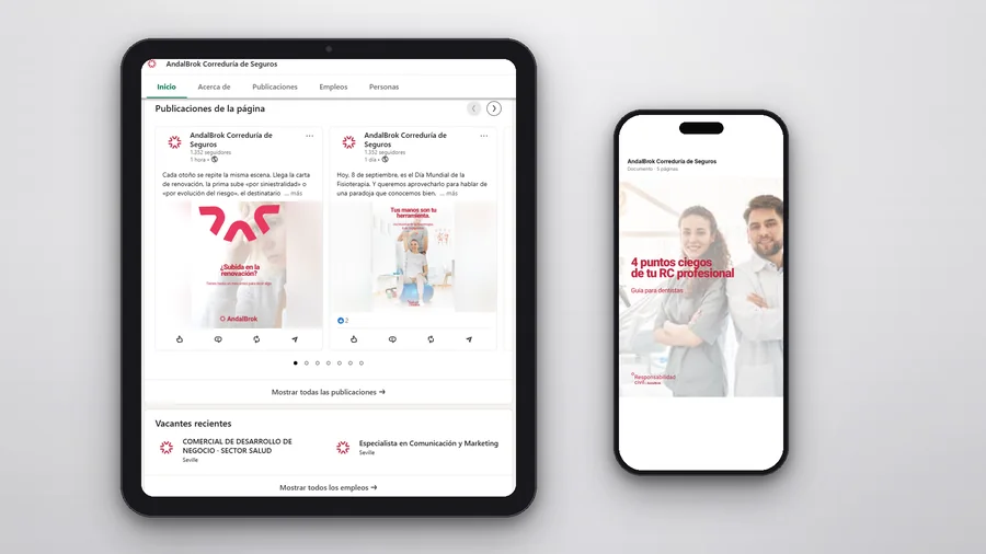 Página de LinkedIn de AndalBrok en tablet y móvil