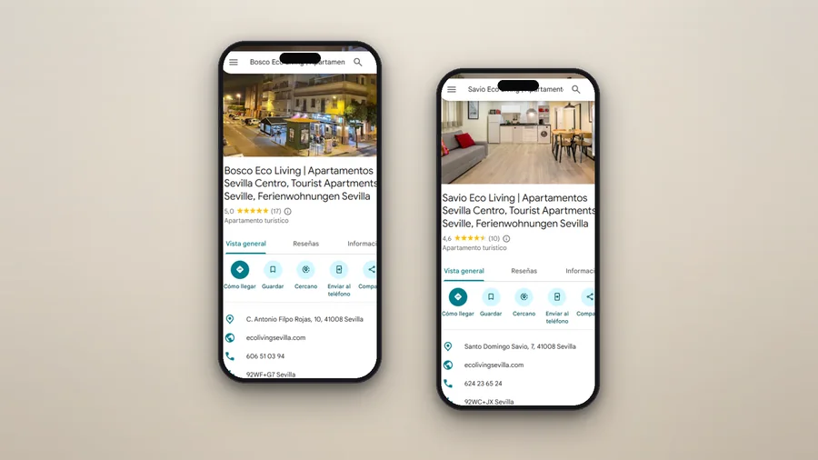 Perfiles de Google Business de Bosco y Savio Eco Living en móvil — Auve Nico
