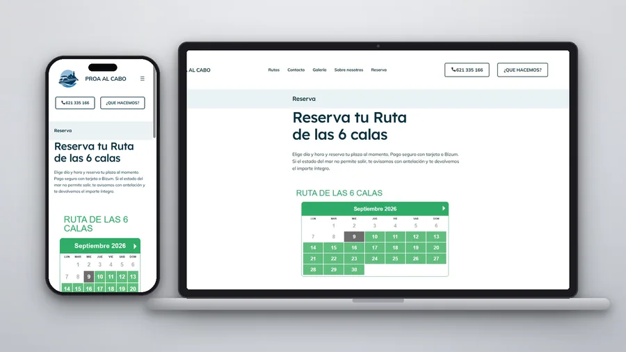 Sistema de reservas de Proa al Cabo en móbil e portátil — Auve Nico
